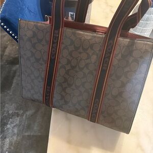 Coach Brown and Red Signature Stripe Tote